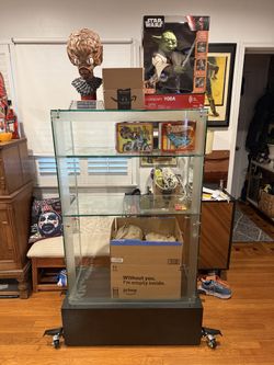 Glass Display Case with Rolling Base