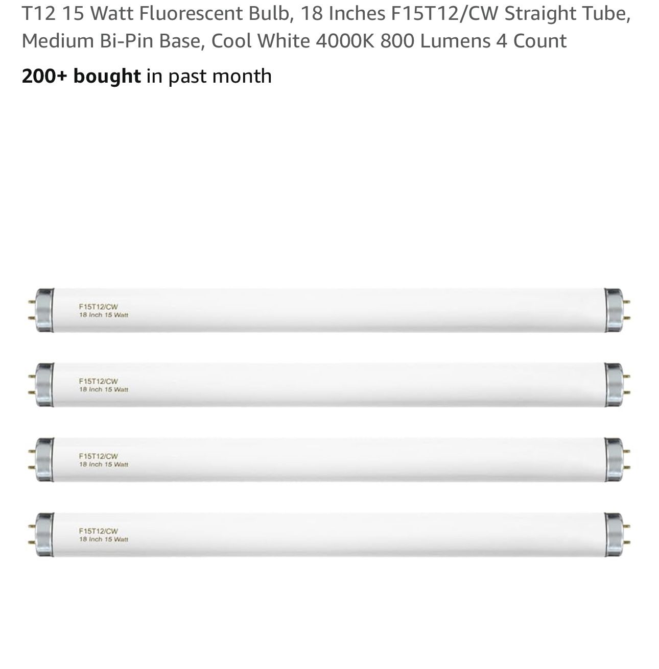 T12 15 Watt Fluorescent Bulb, 18 Inches F15T12/CW Straight Tube, Medium Bi-Pin Base, Cool White 4000K 800 Lumens 4 Count