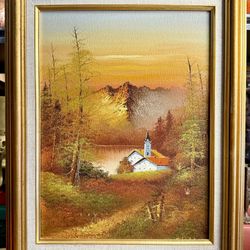 F. SWATSLEY  Framed Canvas Oil Painting Mountain Church, & Landscape 16”x20”