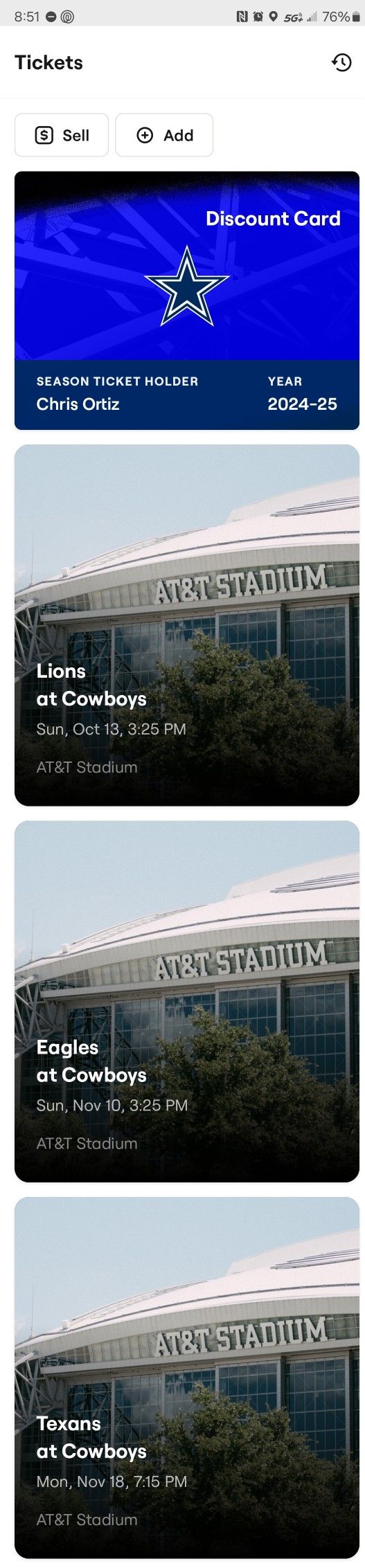 Cowboys Vs Texans; 2 Tickets AT&T Stadium
