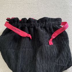 Lancôme Black Pink Fabric Drawstring Makeup Bag with Pink Interior and Ribbon