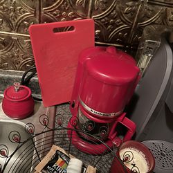 Red Kitchen Decor. Coffe Maker, Smoother Maker, Cutting Board, Etc 