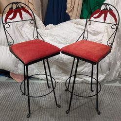 A Set Of Bar Stools Wrought Iron Designer John Riesling Chili Pepper Theme.