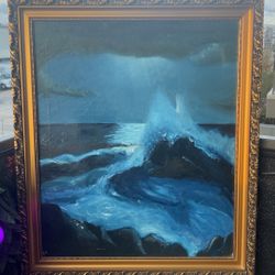 Original Vintage Oil Painting – Moody Ocean Seascape w/ Ornate Frame