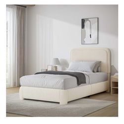 BarnFurin Twin Bed Frame, Cloud Boucle Headboard, Rounded Corners, Cream