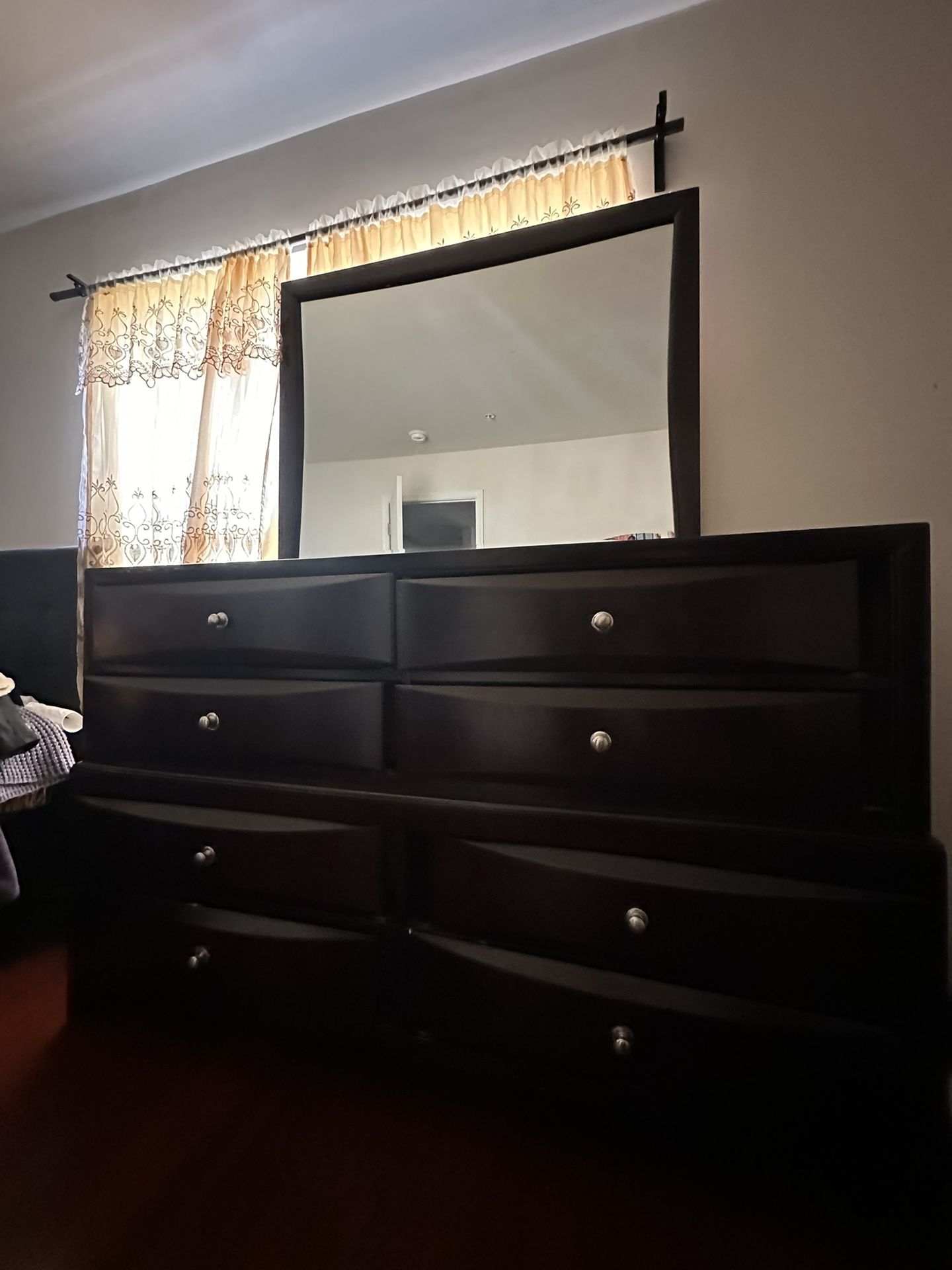 Queen Bed Frame, Two Nightstands, Dresser With Mirror 