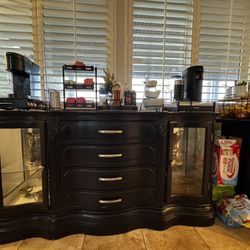 Black Coffee Bar / Buffet Table with Glass Cabinets