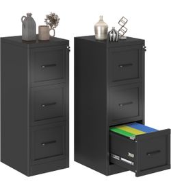 Metal Vertical File Cabinet with Lock, Home Office 3 Drawer Cabinet 3 Drawer Filing Cabinet, Beside Desk File Cabinet, Black Lockable Storage Cabinet,