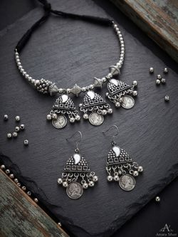 Silver Oxidized Necklace and Earrings Set