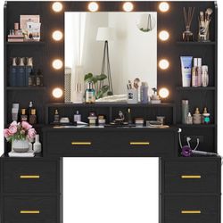 Vanity Desk with Lights, Mirror, Charging Station - Black Wood