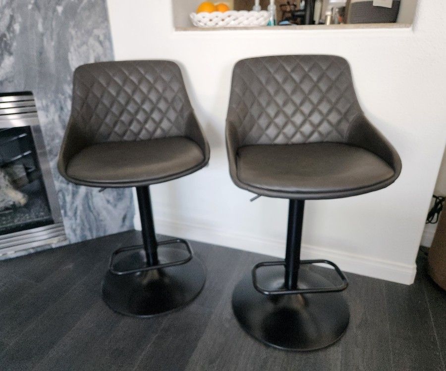 Gray Faux Leather Upholstered Bar Stools, Black Bases (Set of 2)
