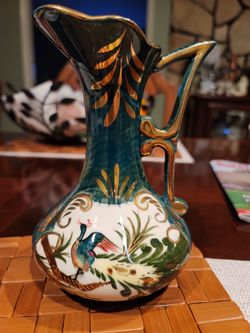 H Bequet Quaregnon Peacock Gold Trim Vase Handpainted Vintage Belgium Handle Jug