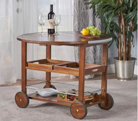 Wood Rolling Bar Cart with Wine Rack