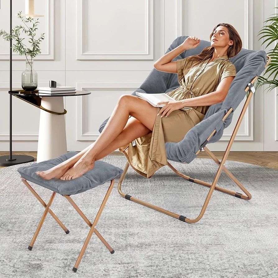 Magshion Square Foldable Oversized Moon Saucer Chair for Adults with Ottoman Foot Rest Large Cozy Chair for Bedroom, Gray