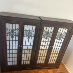 Matching 5’ Foot High Antique Book Shelves from old Catholic Church. Leaded Glass Handmade Doors
