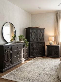 Custom 3-Pc Bedroom Set– Henredon Tall Armoire Chest, Credenza Dresser & Mesh Nightstand