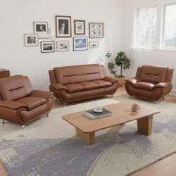 Brown Leather Modern Style Three Piece Couch Set
