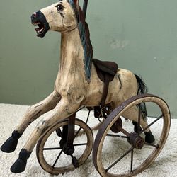 Vintage Wooden Toy Tricycle Horse Hand Carved Leather Saddle 11.5