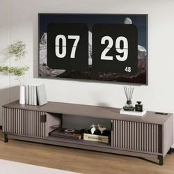 Mid Century Modern TV Stand with Power Outlet for TVs Up to 80", Luxury Fluted TV Console Media Entertainment Center with Storage Cabinets and Open Sh