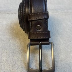 Men’s Brown Genuine Leather Belt Size L Classic Silver Buckle Dress Casual 