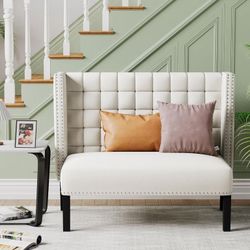 Modern Loveseat Settee Bench Sofa Couch, Upholstered Banquette Dining Bench with Back for Dining Living Room Hallway or Entryway Seating,White