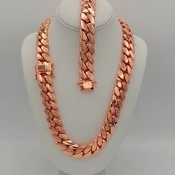 Set Chain & Bracelet 20mm Miami Cuban Link Rose Gold Plated Chain Necklace 18k & 14k