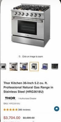Thor Kitchen 36-Inch 5.2 cu. ft. Professional Natural Gas Range (HRG3618U)