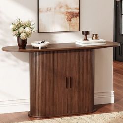 ONBRILL 55 Inch Console Table With Storage, Fluted Entryway Tables With Sliding Doors, Wood Hallway Tables, Sofa Table Behind Couch, Mid-Century Moder