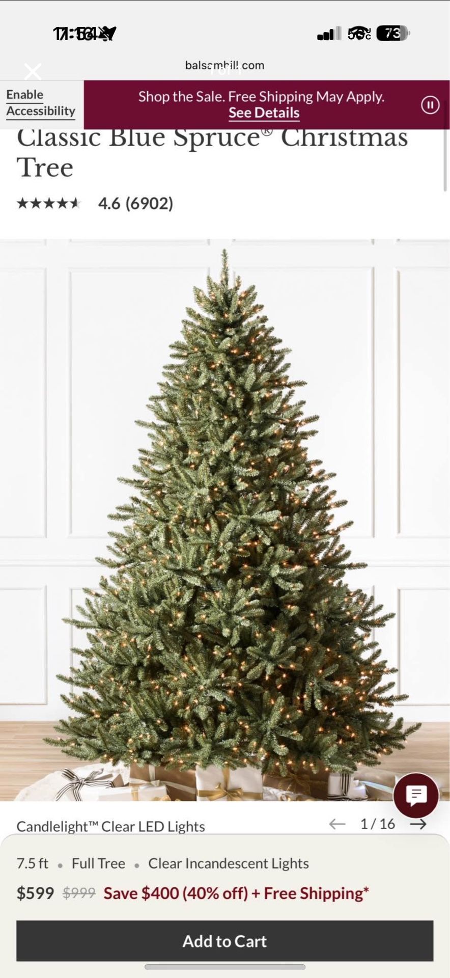 Balsam Hill Classic Blue Spruce 7.5’ Christmas Tree — Like New!