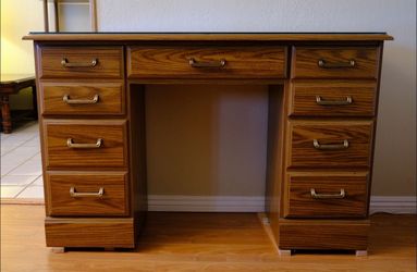 Wood Pedestal Desk with Glass Top