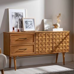 Caramel Solid Wood Boho Sideboard with 2-Prism Detail Doors and 2-Drawers(New)