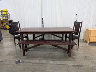 David Smith & co. Dark Stained Wood Farmhouse Style Dining Table with Two Benches and Two Chairs