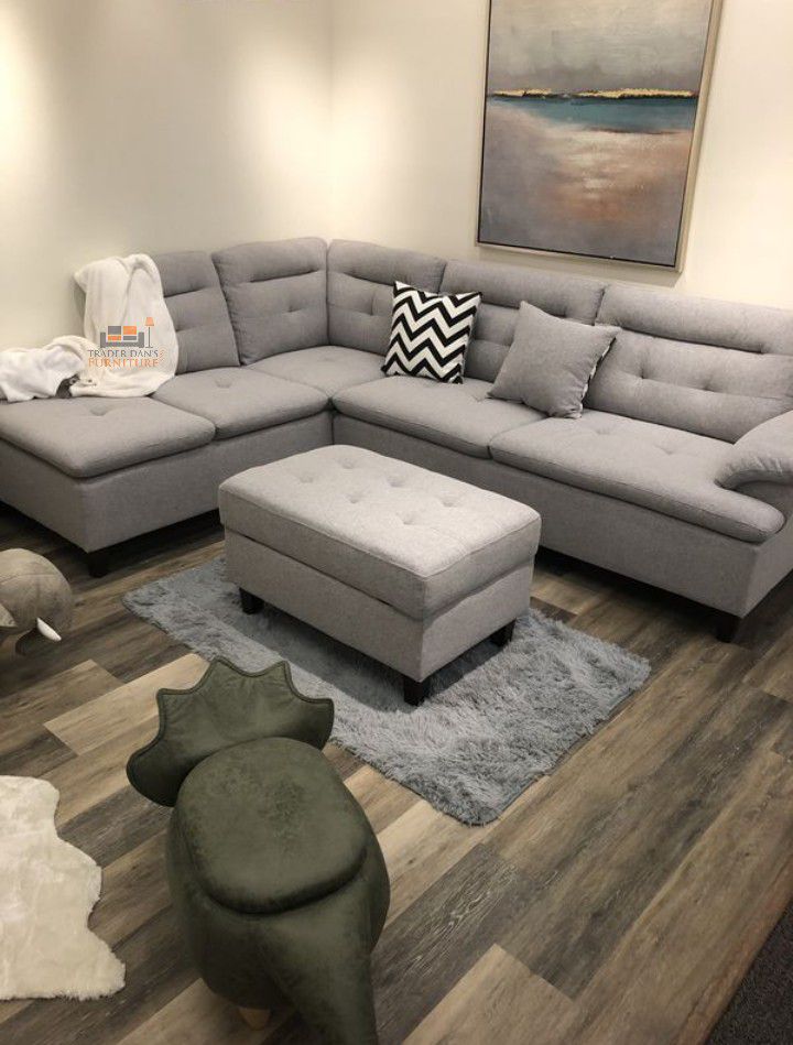Brand New Light Grey Left Facing Sectional Sofa + Storage Ottoman (New In Box) 