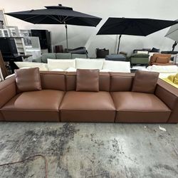 3-seater Upholstered Brown Leather Modular Sofa Couch for Living Room