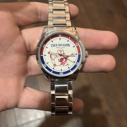 True Religion Men's Buddha Logo Stainless Steel Watch with Red and Blue Pepsi Style Bezel