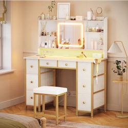AODK 44" Vanity Desk with Mirror and Lights, White Makeup Vanity Desk with 8 Fabric Drawers and RGB