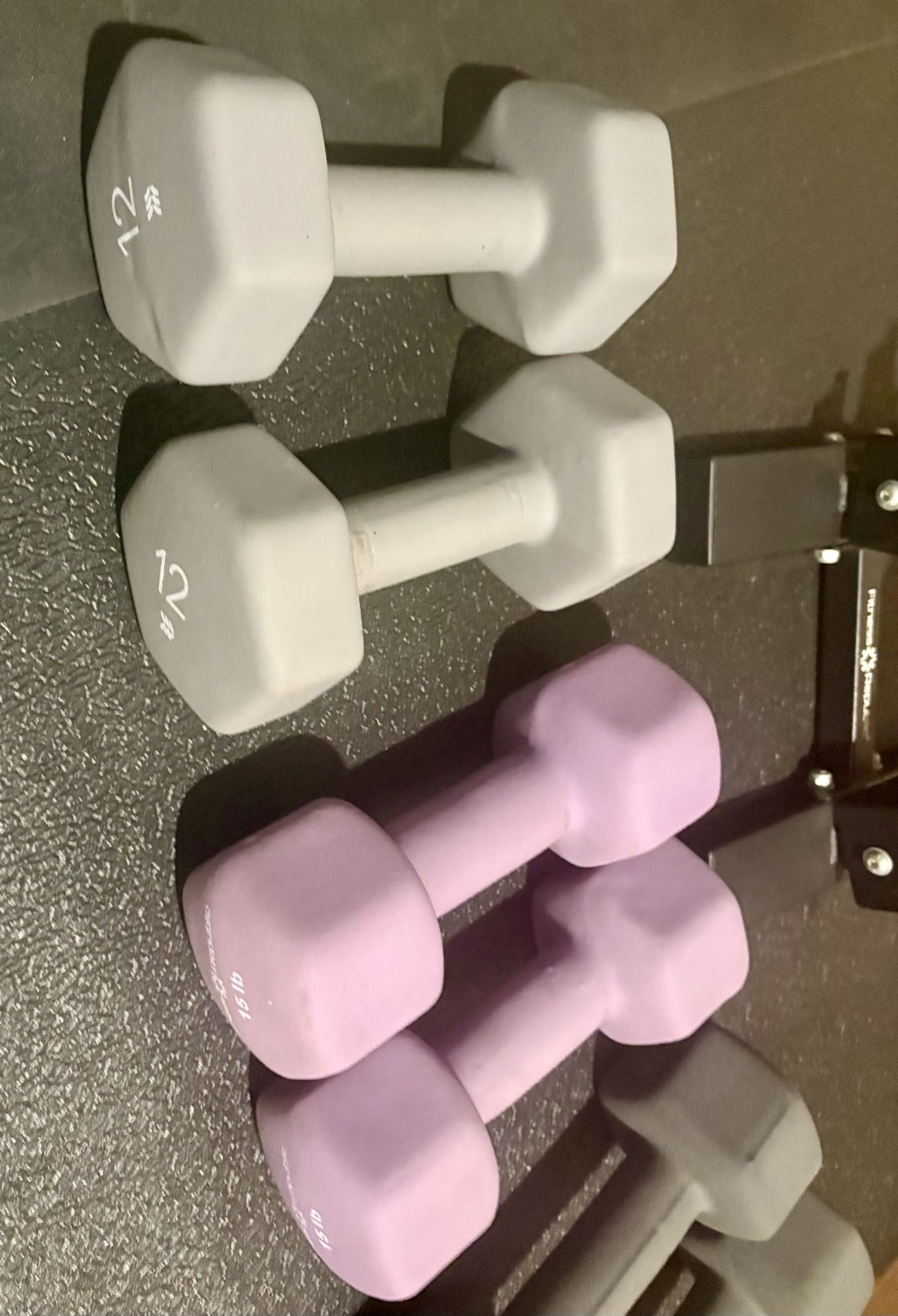 Cast Iron Neoprene Coat ...Set of Dumbbells with Rack; pairs of  12s, 15s and 17.5 lbs. 