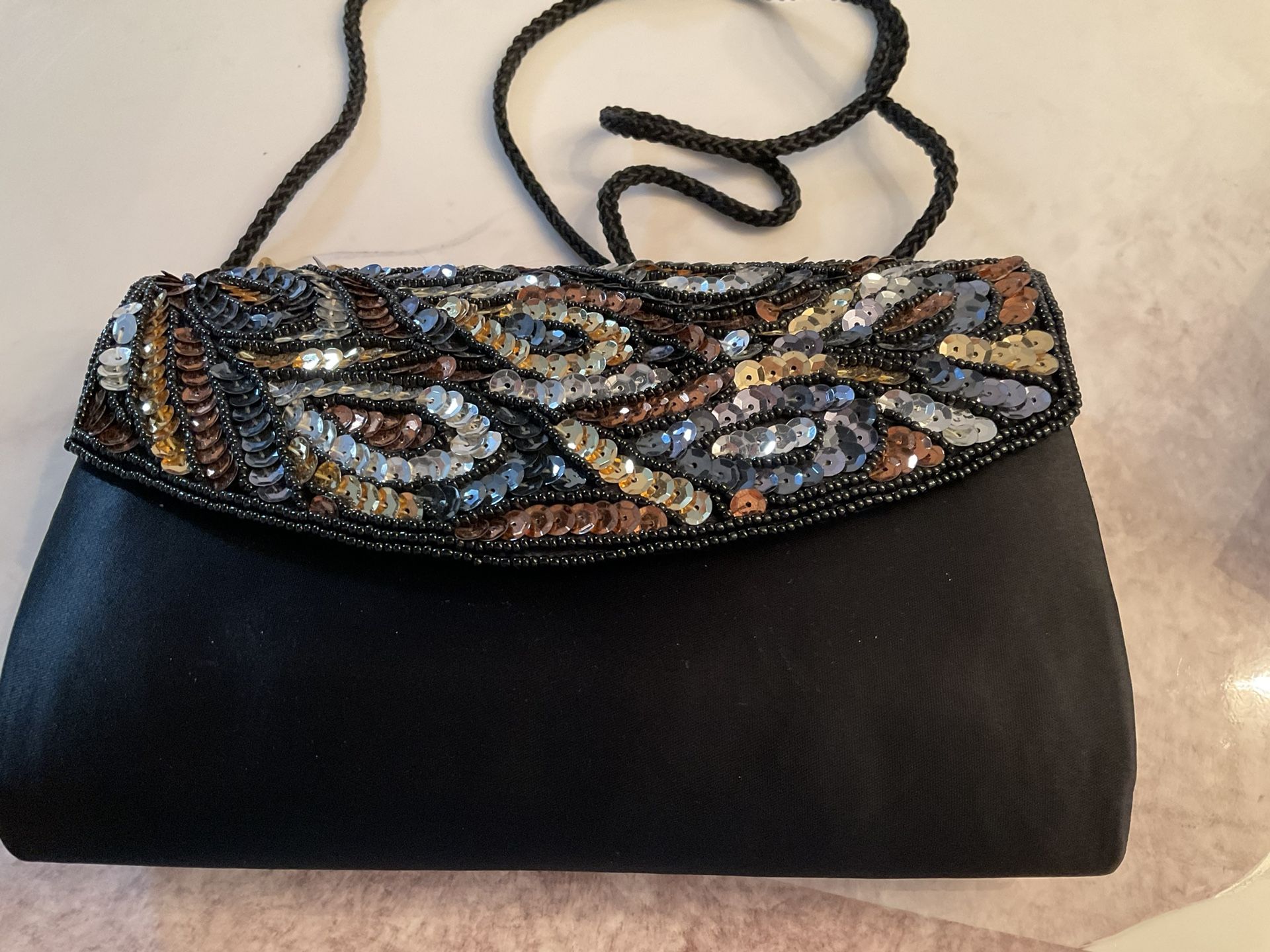 Black With Gold, Silver, Copper And Black Sequins Evening Bag With Shoulder Strap (New)