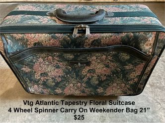 Vtg Atlantic Tapestry Floral Suitcase 4 Wheel Spinner Carry On Weekender Bag 21”
