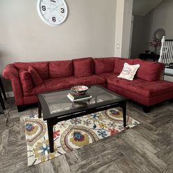 Red Suede Couch with Coffee and side table 