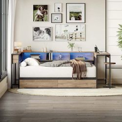 🔥Brand new in Box 🔥Twin Size Corner Daybed with Desk & Bookcase, Bed Frame with LED Lights, Charging Station, Drawers(Gray)💰180$  🔥🔥🔥Second Loca