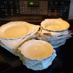 Set Of Pioneer Woman White Linen Paige Dinnerware. 