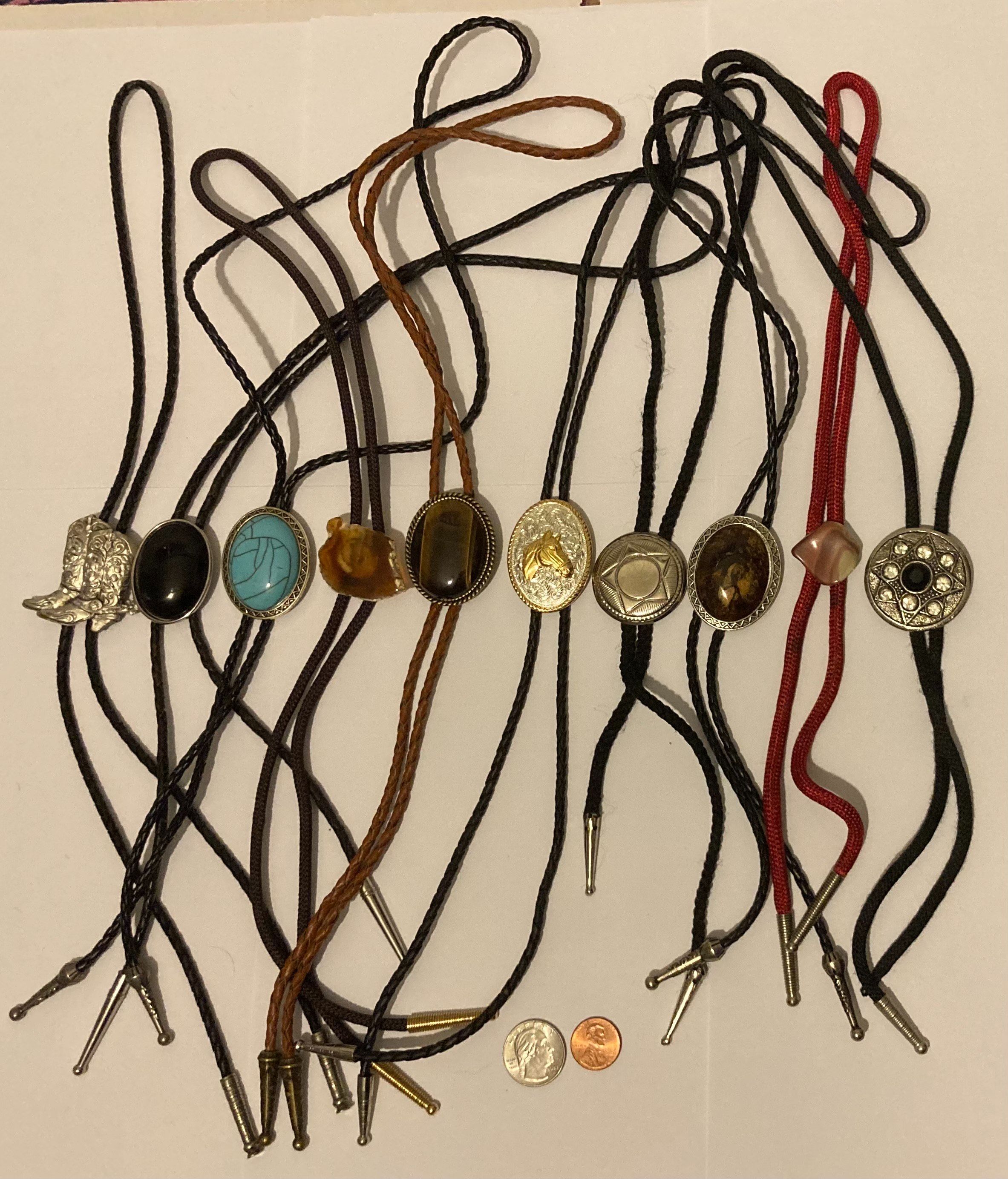 Vintage Lot of 10 Metal Bolo Ties, Nice Designs, Cowboy Boots, Black Onyx, Horse, More, Quality, Heavy Duty, Made in USA, Country & Western, Cowboy, W
