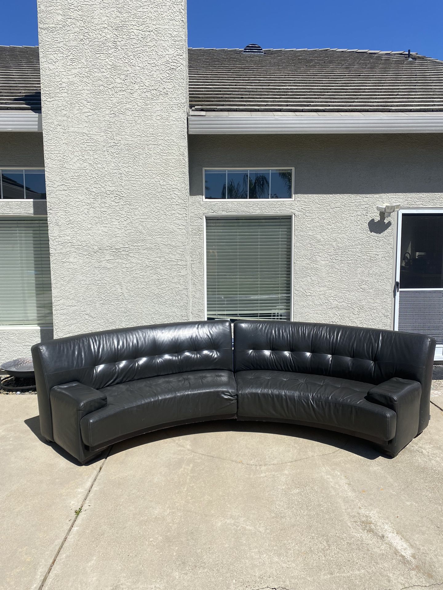 Vintage German Curved Black Leather Couch 
