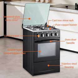 20" LPG Gas Stove - Equipped with 4 coil burners and Stainless Steel 50L Oven (Black: Automatic ignition)
