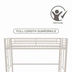 Metal Twin Loft Bed Frame with Stairs & Full-Length Guardrail, Space-Saving, Juniors and Adults, Noise Free, Off White