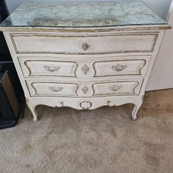 Vintage Louis XV Style French Painted Distressed Commode  / Dresser  With Mirror Glass Top ! Circa 1950's Two Matching Mirrors Priced Separately! 