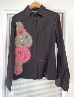 Forza Paris Size L Black Embellished Button Up Shirt Art Print NWT