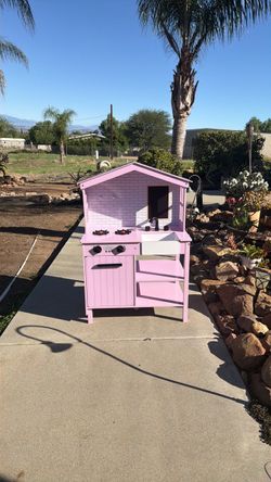 Pink Wooden Kids Play Kitchen Set