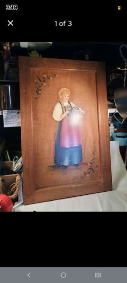 Vintage folk art painting on a cabinet door from 1990. Signed "Rita"